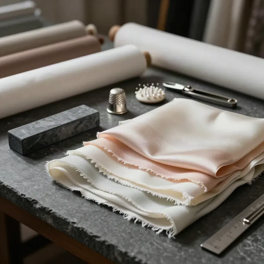 Akcesoria krawieckie w ciemnym atelier: kreda, naparstek, igielnik i jedwabne próbki.