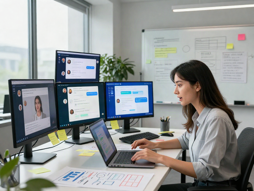 Dynamic AI chat nsfw interface in a modern workspace with virtual interactions and innovative technology.